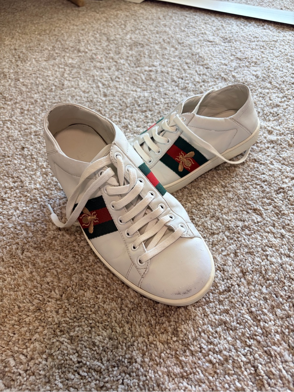 Gucci White Leather Bee Web Stripe Ace Sneakers